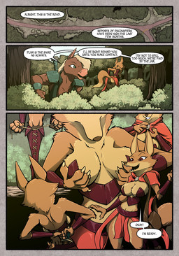 animal_genitalia animal_vulva anthro armor big_breasts bottomwear bra bracers breasts butt canine_genitalia canine_vulva claws clothed clothing corset corset_bra dagger dialogue duo fantasy fantasy_clothing female footwear forest fur genitals hair legwear lingerie male male/female melee_weapon muscular outside plant road shrub skimpy smile tail teeth text thick_thighs topwear tree unconvincing_armor underwear vulva weapon wide_hips thorns_roost canid canine equid equine fox horse mammal absurd_res colored comic english_text hi_res shaded