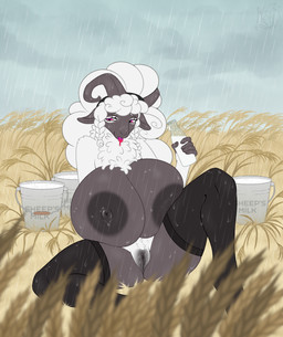 anthro areola big_breasts black_areola black_nipples black_vulva breasts clothing female female_anthro field genitals horn huge_breasts legwear milk nipples purple_eyes purple_tongue sitting solo stockings tongue tongue_out vulva kiesht bovid caprine mammal sheep absurd_res hi_res