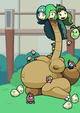 3_heads 3_toes ambiguous_gender anthro areola armless belly big_belly big_breasts black_eyes blue_eyes bodily_fluids breasts brown_areola brown_body brown_eyes brown_nipples conjoined detailed_background egg eyewear eyewear_on_head feet female fence feral green_eyes green_hair group hair hair_over_eye head_accessory kneeling lactating leaf leaf_hair living_tail long_neck metal_fence multi_head navel nipples non-mammal_breasts nude outie_navel plant plant_hair pregnant pregnant_anthro pregnant_female pseudo_hair shrub sunglasses sunglasses_on_head tail tail_head teal_hair thick_tail thick_thighs toes unusual_anatomy unusual_bodily_fluids unusual_lactation unusual_tail wearing_sunglasses chabble nintendo pokemon lana's_mother lusamine_(pokemon) mom_(pokemon) mom_(pokemon_s&m) momseggutor_(chabble) alolan_diglett alolan_exeggutor alolan_form avian bird bounsweet caterpie cutiefly elemental_creature flora_fauna generation_1_pokemon generation_7_pokemon piciform pikipek pokemon_(species) regional_form_(pokemon) 2022 digital_media_(artwork) pixel_(artwork)