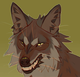 ambiguous_gender brown_body brown_fur brown_nose brown_sclera cheek_tuft facial_tuft fangs feral fur green_background grey_body grey_fur grin looking_at_viewer multicolored_body multicolored_fur simple_background smile solo teeth tuft two_tone_body two_tone_fur unsigned yellow_sclera justkiddinb canid mammal