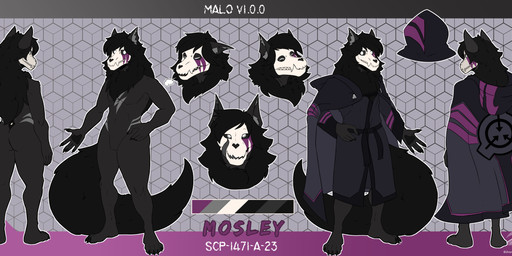 anthro biped black_hair black_tail bone claws cloak clothed clothing fluffy fluffy_tail fur fur_markings grey_body grey_fur hair hoodie lightning_bolt long_hair long_tail male male_anthro markings nails nude pawpads paws robe skull skull_head solo tail topwear jhon_higashi scp_foundation mosley_(mos_ley) scp-1471-a canid canine malo mammal hi_res model_sheet