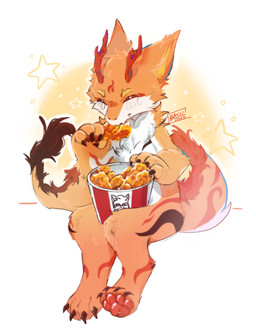 4_fingers 4_toes anthro cheek_tuft chest_tuft claws eyes_closed facial_tuft feet fingers food fur horn kemono kfc_bucket male pawpads paws simple_background sitting solo star toe_claws toes tuft basilbxun kfc mythology avian bird chicken dragon furred_dragon furred_scalie galliform mythological_creature mythological_scalie phasianid scalie hi_res