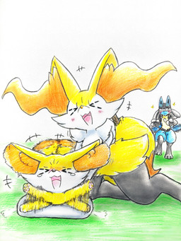 >o< ambiguous_anthro ambiguous_feral ambiguous_gender anthro biped blush bodily_fluids daww digitigrade dipstick_tail duo_focus emanata eyes_closed feral group kneeling leaning leaning_forward lying markings object_in_tail on_front open_:3 open_mouth open_smile pawpads quadruped simple_background smile sneaking snout stick stick_in_tail tail tail_markings tail_motion tailwag tears tickling tongue trio eiroru nintendo pokemon braixen canid fennekin generation_4_pokemon generation_6_pokemon lucario mammal pokemon_(species) 2026 3:4 colored_pencil_(artwork) graphite_(artwork) hi_res traditional_media_(artwork)