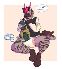 ambiguous_gender anthro baby_powder baby_wipes blush blush_lines bodily_fluids border brown_body brown_fur brown_nose brown_stripes brown_tail clothed clothing container curly_hair dialogue diaper ellipsis fangs fingerless_(marking) front_view fur genital_fluids hair head_horn holding_object holding_plushie hoodie horn inner_ear_fluff leg_markings markings pink_hair pink_horn pink_toe_claws plushie red_sclera simple_background socks_(marking) solo speech_bubble striped_body striped_fur stripes tail teeth text topwear tuft two_tone_hoodie unclean_diaper urine used_diaper wearing_diaper wet_diaper white_border white_inner_ear white_inner_ear_fluff yellow_background slusheep mythology bri_(kalash) canid canid_demon canine demon hellhound hyena mammal mythological_canine mythological_creature 2020 character_request english_text full-length_portrait hi_res portrait