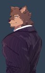 anthro black_clothing clothing countershading fur looking_at_viewer looking_back looking_back_at_viewer male multicolored_body multicolored_fur pinstripes solo suit baku_hosamo lifewonders live_a_hero pubraseer canid canine canis domestic_dog mammal