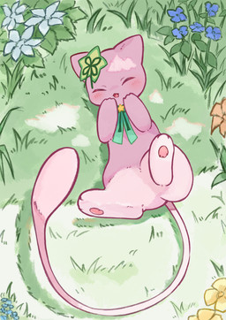 ambiguous_gender anthro blush blush_lines eyes_closed featureless_crotch flower fur grass lying on_back open_mouth pawpads paws pink_body pink_fur plant solo spread_legs spreading tail tongue chaco_(illustrattyako) nintendo pokemon generation_1_pokemon legendary_pokemon mew_(pokemon) pokemon_(species) 2025 absurd_res hi_res