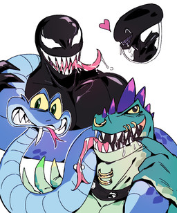 ambiguous_gender anthro black_body black_skin blue_body blue_scales bodily_fluids collar facial_piercing fangs feral green_body green_eyes green_scales group head_spikes heart_symbol male mouth_piercing muscular muscular_anthro muscular_humanoid muscular_male neck_piercing nose_piercing piercing purple_spikes saliva scales simple_background smile spikes spikes_(anatomy) studded_collar studs tail teeth tongue tongue_out tongue_piercing white_background white_eyes yellow_sclera ipas214879 alien_(franchise) disney goat_(movie) marvel sony_corporation sony_pictures zootopia gary_de'snake modo_olachenko venom_(marvel) alien alien_humanoid humanoid komodo_dragon lizard monitor_lizard pit_viper reptile scalie snake symbiote viper xenomorph 2026 digital_media_(artwork)