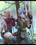 anthro black_bars bottomwear clothing duo female fur gloves green_eyes gun handwear male midriff navel ranged_weapon shorts topwear weapon hinget nintendo star_fox fox_mccloud krystal_(star_fox) canid canine fox mammal 2022 hi_res widescreen