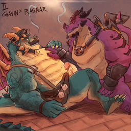 anthro arm_tattoo armor black_body black_scales blue_body blue_scales blush claws clothing duo facial_hair gauntlets gloves handwear horn horn_jewelry jewelry male male/male mustache necklace purple_body purple_scales scales spiral_knees suspenders tail tan_body tan_scales tattoo wings galrock activision mythology spyro_the_dragon gavin_(spyro) ragnar_(spyro) rescued_dragons_(spyro) dragon mythological_creature mythological_scalie scalie 1:1 hi_res