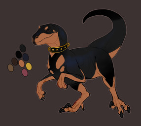 ambiguous_feral ambiguous_gender biped black_body black_tail brown_background brown_eyes claws collar color_swatch feral glistening glistening_eyes looking_at_viewer mouth_closed multicolored_tail orange_body orange_tail sickle_claw side_view simple_background solo tail toe_claws roobin dinosaur dromaeosaurid prehistoric_species reptile saurischian scalie theropod absurd_res hi_res model_sheet