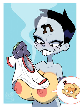 absorption_vore anthro big_breasts black_hair blonde_hair blue_body breast_transformation breast_vore breasts buckteeth clothing expansion female hair huge_breasts hyper nipples nude simple_background smile teeth transformation undressing unusual_vore vore toongrowner activision crash_bandicoot_(series) coco_bandicoot nina_cortex bandicoot human mammal marsupial digital_media_(artwork)