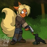 anthro beak black_nose blonde_hair clothing cosplay costume duo gun hair holding_gun holding_object holding_ranged_weapon holding_weapon male parody ranged_weapon tail weapon jandan capcom nintendo pokemon resident_evil flareleon leon_kennedy avian bird corvid corvus_(genus) crow eeveelution flareon generation_1_pokemon oscine passerine pokemon_(species) 1:1 2012 crossover