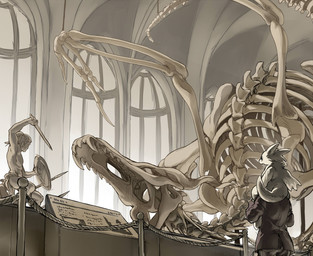 amazed ambiguous_gender awed backlighting barrier bone bottomwear carrying_another classical_hero clothing duo dutch_angle exhibit facing_away_from_viewer feral fight fur group hero jacket light looking_at_object male melee_weapon museum open_mouth pants piggyback polearm rib_cage rope_barrier sculpture shield sign size_difference skeleton skull spear spine standing statue sword teeth topwear vault warrior weapon wide_eyed window wings worldbuilding young young_feral kikurage mythology dragon furred_dragon furred_scalie human mammal mythological_creature mythological_scalie scalie 2025 hi_res lighting monochrome sepia