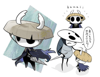 2_horns ambiguous_gender anthro asian_conical_hat biped black_body black_eyes black_text blue_cape blue_clothing cape clothing dialogue duo empty_eyes eyes_closed happy hat headgear headpat headwear holding_melee_weapon holding_object holding_weapon horn looking_at_another mask melee_weapon motion_lines nail_(weapon) speech_bubble standing talking_to_another text weapon 2_3up hollow_knight_(franchise) team_cherry quirrel_(hollow_knight) the_knight_(hollow_knight) arthropod vessel_(species) 2026 english_text hi_res japanese_description japanese_text translated male_(lore)