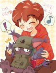 anthro black_body black_fur blush brown_hair clothing duo fur gloves hair handwear hoodie male pawpads topwear asaridaton bandai_namco digimon digimon_ghost_game hiro_amanokawa blackgatomon_uver. digimon_(species) domestic_cat felid feline felis human mammal