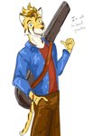 alternate_species anthro bottomwear clothed clothing dialogue fully_clothed furrification guitar_case hand_in_pocket male pants pockets shirt simple_background solo talking_to_viewer text topwear white_background fuze stardew_valley sam_(stardew_valley) felid mammal pantherine tiger 3:4 english_text hi_res