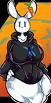 abstract_background anthro big_breasts black_clothing black_sweater black_topwear bottomless breasts carrot clothed clothing curvy_figure ear_accessory eyelashes featureless_crotch female food fur hand_on_hip huge_breasts huge_thighs long_ears mouthless navel_outline plant simple_eyes solo standing sweater sweater_only thick_thighs topwear topwear_only vegetable white_body white_fur wide_hips sallbobao cari_(probablydemo) lagomorph leporid mammal rabbit 1:2 aliasing artist_name digital_media_(artwork) hi_res portrait signature three-quarter_portrait