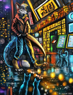 4_toes ambiguous_gender anthro black_body black_fur city closed_smile clothed clothing detailed_background feet feral food fur grey_body grey_fur grey_hair group hair lights male mouth_closed night outside pawpads pink_pawpads purple_eyes raining smile text toes whiskers flashw canid canine domestic_cat felid feline felis mammal 2020 signature translation_request