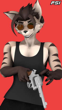 anthro black_clothing black_shirt black_tank_top black_topwear brown_body brown_fur brown_hair clothed clothed_anthro clothed_male clothing eyewear fluffy fluffy_tail fur glasses gun hair handgun holding_gun holding_object holding_ranged_weapon holding_weapon male multicolored_body multicolored_fur ranged_weapon revolver shirt solo striped_body striped_fur stripes tail tan_body tan_fur tank_top topwear two_tone_body two_tone_fur weapon wearing_glasses psikokinetic warfaremachine_(modeler) psiko_(psikokinetic) canid canine canis jackal mammal 2026 3d_(artwork) 9:16 digital_media_(artwork) hi_res source_filmmaker_(artwork)