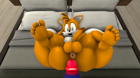 anthro anus bed big_butt big_penis butt duo excited feet furniture genitals hands_behind_head imminent_sex looking_down lying male mostly_offscreen_character nude_male on_back penis penis_size_difference puffy_anus small_penis thick_thighs sonico4ever sega sonic_the_hedgehog_(series) miles_prower sonic_the_hedgehog canid canine fox mammal red_fox true_fox 3d_(artwork) digital_media_(artwork)