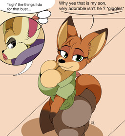 annoyed anthro bedroom_eyes big_breasts big_butt breasts butt cleavage clothed clothing crossgender disguise duo female fur green_eyes hair half-closed_eyes huge_butt looking_at_viewer looking_up male mtf_crossgender multicolored_body multicolored_fur narrowed_eyes pacifier seductive shadow simple_background smile standing text thick_thighs tight_clothing two_tone_body two_tone_fur nr_ac disney zootopia finnick_(zootopia) nick_wilde canid canine fennec_fox fox mammal red_fox true_fox absurd_res digital_media_(artwork) english_text hi_res shaded signature