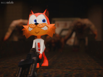 anthro blurred_background blurred_character bodily_fluids clenched_teeth group gun looking_back low_poly male nailgun panicking ranged_weapon retro sweat sweatdrop teeth weapon wide_eyed onyxsplash bubsy_(series) microsoft quake bubsy_bobcat bobcat demon felid feline fiend_(quake) humanoid lynx mammal monster monstrous_humanoid shambler 3d_(artwork) 4:3 crossover digital_media_(artwork) hi_res