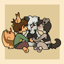 anthro bisexual black_hair blush bottomwear breasts brown_hair cleavage clothed clothing countershading crop_top crossed_legs ear_piercing ear_tuft female female/female floppy_ears fluffy fluffy_tail grey_body hair hand_holding heart_symbol hotpants kiss_on_lips kissing leg_markings male male/female markings pants pawpads piercing pointy_ears shirt shorts simple_background sitting socks_(marking) sweater tail tail_motion tailwag tan_body topwear tuft white_hair creamedpufff kenny_(mawmain) mink_(creamedpufff) squid_(squidthetgirl) canid canine canis domestic_cat domestic_dog felid feline felis mammal rodent sciurid tree_squirrel 1:1 2026 animated frame_by_frame no_sound short_playtime video trans_(lore) trans_woman_(lore)