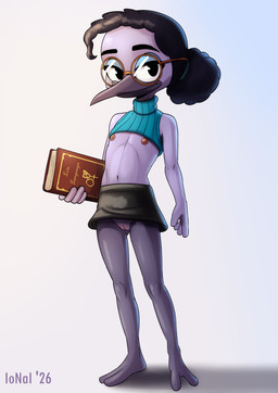 2_toes anthro beak book bottomless bottomwear clothed clothing eyewear feet female flat_chested genitals glasses looking_at_viewer nipples non-mammal_hair non-mammal_nipples non-mammal_vulva nude purple_body skirt solo toes vulva young young_anthro young_female ionai disney ducktales ducktales_(2017) violet_sabrewing apodiform avian bird hummingbird 2026 absurd_res hi_res