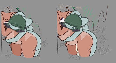 anthro bent_over bodily_fluids brown_body brown_fur cum cum_inflation cum_inside duo excessive_cum excessive_genital_fluids female fur genital_fluids green_hair gynomorph hair head_tuft hug hugging_another hugging_from_behind inflation intersex intersex/female intersex_penetrating moan nude onomatopoeia penetration sex shortstack shortstack_female simple_background sound_effects standing standing_sex tail tail_coil text thick_thighs tuft gazaster rhys_(gazaster) mammal mouse murid murine rodent 2026 digital_media_(artwork) english_text hi_res signature