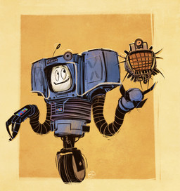 abstract_background ambiguous_gender antennae_(anatomy) blue_body cathode_ray_tube duo floating grate machine metallic_body new_vegas not_furry orange_background simple_background tire wheel leona-florianova fallout microsoft ed-e_(fallout) yes_man_(fallout) eyebot_(fallout) robot securitron_(fallout) english_description hi_res male_(lore)