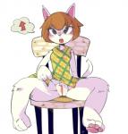 anthro biped blush bottomless breasts clothed clothing clothing_lift dress dress_lift female genitals hair looking_at_viewer presenting pussy sitting solo hua113 animal_crossing nintendo felicity_(animal_crossing) domestic_cat felid feline felis mammal