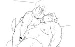 anthro belly blush bodily_fluids duo handjob hug kemono kissing male male/male moobs navel nipples overweight overweight_male penile sex sitting sweat oogamikennta bear canid canine canis domestic_dog mammal 2023 monochrome