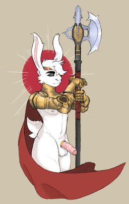 accessory anthro armor balls bottomless bottomless_anthro bottomless_male cape casual_exposure cloak clothed clothing cock_ring crown erection eyebrows eyes_closed fantasy foreskin fur genitals headgear holding_object holding_weapon humanoid_genitalia humanoid_penis jewelry male nipples partially_clothed penis penis_accessory penis_jewelry short_tail simple_background solo tail weapon white_body white_fur hyenamancer king_caspian_(xing1) hare lagomorph leporid mammal rabbit absurd_res hi_res