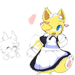 anthro blood blush blush_lines blush_stickers bodily_fluids chibi clothing duo female fur gesture hand_gesture heart_symbol looking_at_viewer maid_uniform nosebleed one_eye_closed pose thumbs_up uniform white_body white_fur wink winking_at_viewer yellow_body yellow_fur spookicookiebox mochi_(spookicookiebox) canid canine fox mammal 1:1 colored