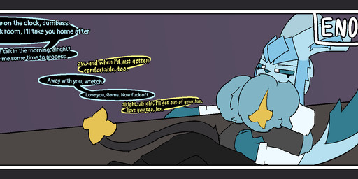 anthro blue_body blue_sclera border clothing crossed_legs cuddling dark_sclera dialogue duo fur furniture grey_border hand_on_table hug inside male open_mouth profanity simple_background sitting table tail text topwear vest white_eyes gazaster nintendo pokemon gams_(gazaster) lex_(gazaster) canid canine eeveelution felid feline generation_4_pokemon glaceon mammal pokemon_(species) shinx 2025 comic digital_media_(artwork) english_text hi_res signature nonbinary_(lore)