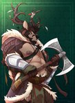 abs anthro antlers areola armor axe barazoku barbarian beard black_beard black_facial_hair blue_eyes bottomwear capelet clothing ears_up facial_hair holding_axe holding_object holding_weapon horn logo loincloth male manly muscular muscular_anthro muscular_arms muscular_male nipples solo text topwear unconvincing_armor weapon narram ceros deer hybrid mammal 2024 artist_logo artist_name colored dated digital_drawing_(artwork) digital_media_(artwork) hi_res shaded