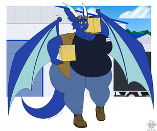 5_fingers anthro belly big_breasts blue_body blue_eyebrows boots border bottomwear box breasts building cleavage clothed clothing cloud container day eyebrow_piercing eyebrows eyewear facial_piercing female fingers footwear garage_door goggles holding_box holding_container holding_object horn huge_breasts huge_hips huge_thighs jacket looking_at_viewer name_tag navel navel_outline non-mammal_breasts non-mammal_navel open_mouth outside overweight overweight_anthro overweight_female pants piercing plant sharp_teeth shirt shoes solo tail tan_horn teal_tongue teal_wings teeth thick_thighs tongue topwear tree truck vehicle walking white_border wide_hips wings yellow_eyes day-tripper-guy mythology blue_(day-tripper-guy) dragon mythological_creature mythological_scalie scalie 2023 hi_res