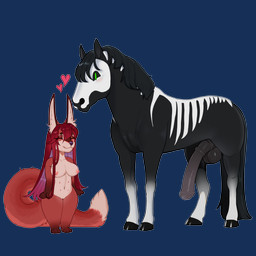 anthro areola balls biped breasts countershade_torso countershading duo erection feet female feral fingers front_view fur genitals hair hooves male navel nipples nude nude_anthro nude_female penis smile standing tail toes vulva angellsview3 conditional_dnp angell_(angellsview3) canid canine equid equine fox horse mammal 1:1 2026 absurd_res alpha_channel digital_drawing_(artwork) digital_media_(artwork) hi_res