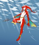 2017 animal_humanoid breasts breath_of_the_wild casual_nudity featureless_crotch female fish fish_humanoid full-length_portrait holding_object holding_spear holding_weapon humanoid izra marine marine_humanoid melee_weapon mipha nintendo nipples nude polearm portrait red_body small_breasts solo spear swimming tasteful_nudity the_legend_of_zelda underwater water weapon zora