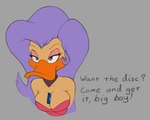 anthro beak bedroom_eyes breasts cleavage clothed clothing disk dress exclamation_point eyebrows female grey_background hair long_hair narrowed_eyes purple_eyes purple_hair question_mark seductive simple_background solo text billboi disney mighty_ducks lucretia_decoy anatid anseriform avian bird duck 2019 english_text traditional_media_(artwork)