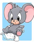 anthro baby balls big_ears clean_diaper clothed clothing diaper erection flaccid fur genitals grey_body grey_fur male nude open_diaper penis simple_background sitting small_penis solo topless whiskers young young_anthro rokesys metro-goldwyn-mayer tom_and_jerry tuffy_mouse mammal mouse murid murine rodent digital_media_(artwork) hi_res