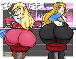 bar big_breasts big_butt black_bottomwear black_clothing black_pants blonde_hair blue_clothing blue_eyes blue_topwear bottomwear bracelet breasts brown_clothing brown_gloves brown_handwear butt clothed clothing dialogue dress duo eyelashes female furniture gloves hair handwear huge_butt humanoid_pointy_ears jewelry long_hair looking_at_viewer looking_back looking_back_at_viewer not_furry pants pink_clothing pink_dress question_mark rear_view sitting sitting_on_stool speech_bubble stool talking_to_viewer tan_body tan_skin text thick_thighs tight_bottomwear tight_clothing tight_pants topwear wide_hips silenttandem breath_of_the_wild nintendo skyward_sword the_legend_of_zelda princess_zelda humanoid hylian hi_res