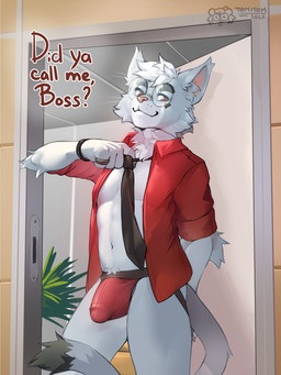 abs anthro bottomwear bulge clothed clothing detailed_bulge door eyewear fur furniture genital_outline glasses hair jewelry jockstrap looking_at_viewer male muscular muscular_anthro muscular_male necktie nude office pecs penis_outline pubes red_clothing red_eyes ring shirt simple_background smile solo tail text topwear underwear white_body white_fur tem1tem felid feline mammal 2025 3:4 absurd_res digital_media_(artwork) english_text hi_res