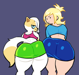 anthro ass_to_ass bedroom_eyes big_butt blonde_hair blue_bottomwear blue_clothing blue_skirt bottomwear butt clothing crop_top duo female female/female green_bottomwear green_clothing green_shorts hair looking_at_viewer looking_back narrowed_eyes seductive shirt shorts skirt tail thick_thighs topwear lovetopullmicke adventure_time cartoon_network fionna_and_cake fionna_and_cake_(franchise) cake_the_cat fionna_the_human domestic_cat felid feline felis human mammal 2025 hi_res