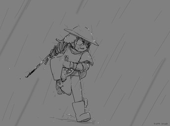 anthro boots clothing footwear gun hat headgear headwear holding_gun holding_object holding_ranged_weapon holding_weapon male military_uniform ranged_weapon running shoes solo uniform weapon bravobunny lagomorph leporid mammal rabbit greyscale hi_res monochrome sketch