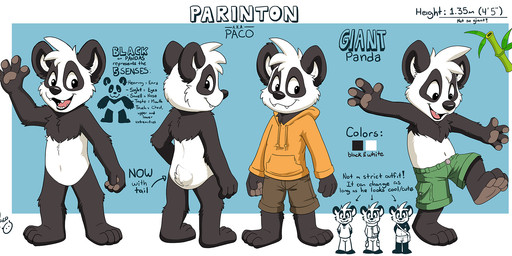 anthro black_body black_fur closed_smile clothed clothing fangs featureless_crotch front_view fur gesture glistening glistening_eyes happy male male_anthro mouth_closed navel nude open_mouth open_smile rear_view smile solo standing tail teeth text topless waving waving_at_viewer white_body white_fur white_tail pandapaco parinton bear giant_panda mammal english_text hi_res model_sheet