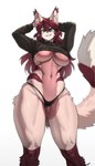 anthro big_breasts black_clothing black_panties black_underwear breasts clothing eyebrows eyelashes female fur glistening glistening_breasts glistening_thighs hair hip_tuft inner_ear_fluff navel panties pink_body pink_fur red_hair solo stripes thick_thighs topwear tuft under_boob underwear pgm300 canid canine canis mammal 2025 absurd_res hi_res