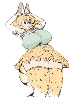 animal_ears arms_above_head big_breasts blonde_hair bottomwear bow_tie breasts clothing female hair huge_breasts human_and_animal_ears inner_ear_fluff legwear markings multi_ear simple_background skirt smile solo spots spotted_markings tail thick_thighs thigh_highs tuft white_background wide_hips robotic_alien_dude kemono_friends serval-chan animal_humanoid felid felid_humanoid feline feline_humanoid humanoid mammal mammal_humanoid serval 2022 3:4 absurd_res digital_drawing_(artwork) digital_media_(artwork) hi_res