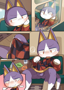5_panel_comic anthro arms_bent balls bent_legs blue_body blue_ears blue_fur blue_tail blush bodily_fluids bottomless bottomless_anthro bottomless_male bulge butt butt_from_the_front casual_exposure checkered checkered_clothing checkered_sweater checkered_topwear clothed clothed_anthro clothed_male clothing cloud cloud_emanata coffee_cup commercial_vehicle container cup day detailed_background dipstick_tail emanata erection erection_under_clothing eyebrows floor frustration_cloud fur genitals glowing glowing_eyes hand_on_face inside leg_markings looking_aside looking_at_bulge looking_down looking_down_at_self luggage male male_anthro markings motion_lines mouth_closed multicolored_body multicolored_fur narrowed_eyes nervous nervous_sweat noseless open_mouth pattern_clothing pattern_sweater pattern_topwear pointy_ears prick_ears public public_exposure red_clothing red_eyes red_sweater red_topwear sitting sky socks_(marking) solo spread_legs spreading squiggle_mouth sweat sweatdrop sweater tail tail_markings tan_inner_ear tenting thick_thighs topwear topwear_only train turtleneck two_tone_body two_tone_fur two_tone_tail vehicle white_body white_fur white_tail_tip window wood wood_floor bigoyatsu animal_crossing nintendo rover_(animal_crossing) domestic_cat felid feline felis mammal 2025 absurd_res comic digital_media_(artwork) hi_res shaded
