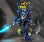 anthro armor black_sclera blue_eyes boob_armor breasts cleavage clothed clothing crystal dual_wielding energy_spear faulds female fur gem gorget holding_object holding_weapon laser_cannon laser_gun machine midriff muscular muscular_anthro muscular_female navel pauldron poleyn power_armor ranged_weapon sabatons solo vambrace weapon white_body white_fur yellow_body yellow_fur s-nina bandai_namco digimon canid canine digimon_(species) mammal renamon